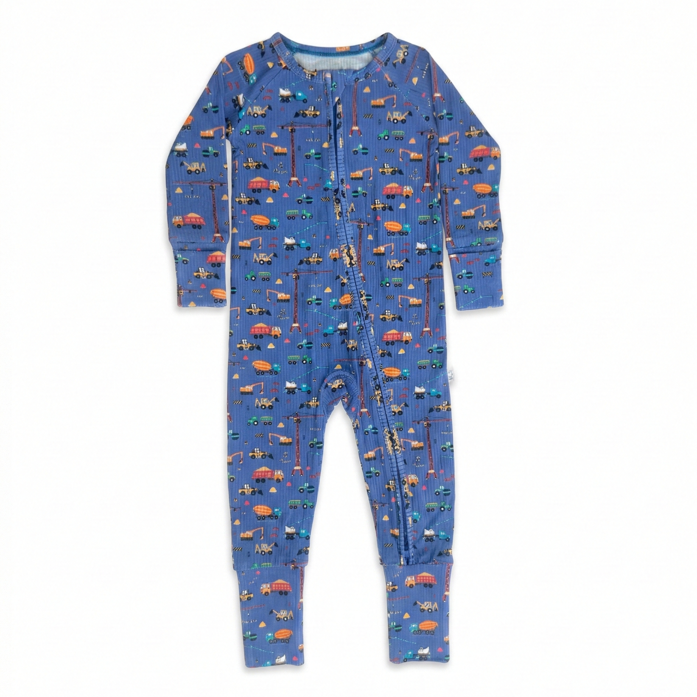 Small Ribbed Bamboo Zip Romper | Blue Construction | bug + bean