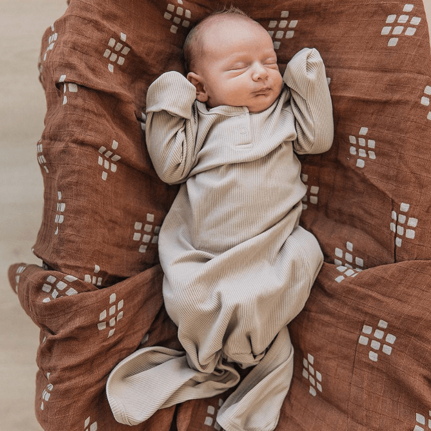 Organic Ribbed Cotton Knotted Baby Gown, Oatmeal