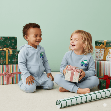 Two children in matching outfits sitting on the floor with wrapped gifts around them.