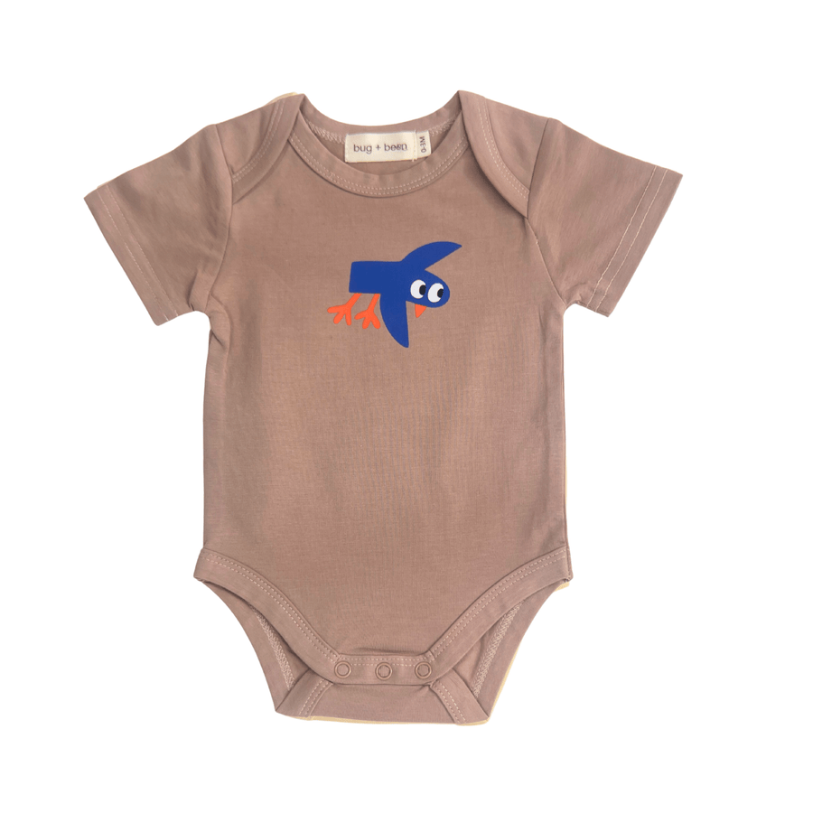 Brown baby onesie with a bird design on a white background