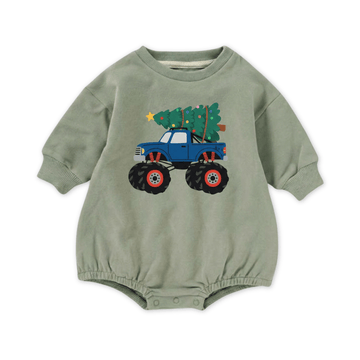 Holiday French Terry Bubble Romper - Xmas Monster Truck