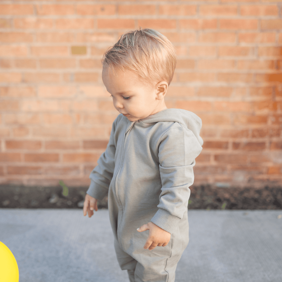 Hudson Hoodie Romper – Sage | Organic Cotton French Terry – bug +