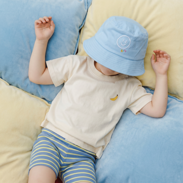 Kids Smiley Bucket Hat - Light Blue Cotton Twill