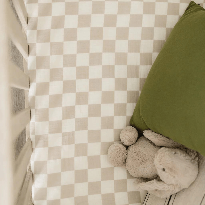 Cotton Muslin Crib Sheet - Taupe Checkered