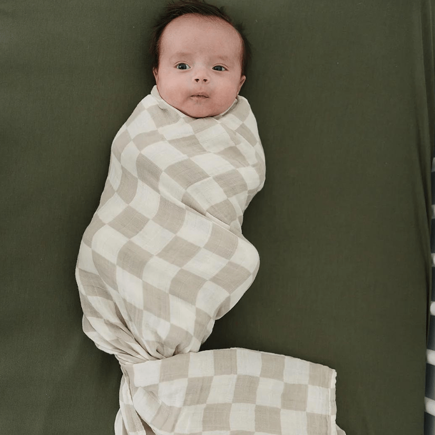 Cotton Muslin Swaddle, Taupe Checkered