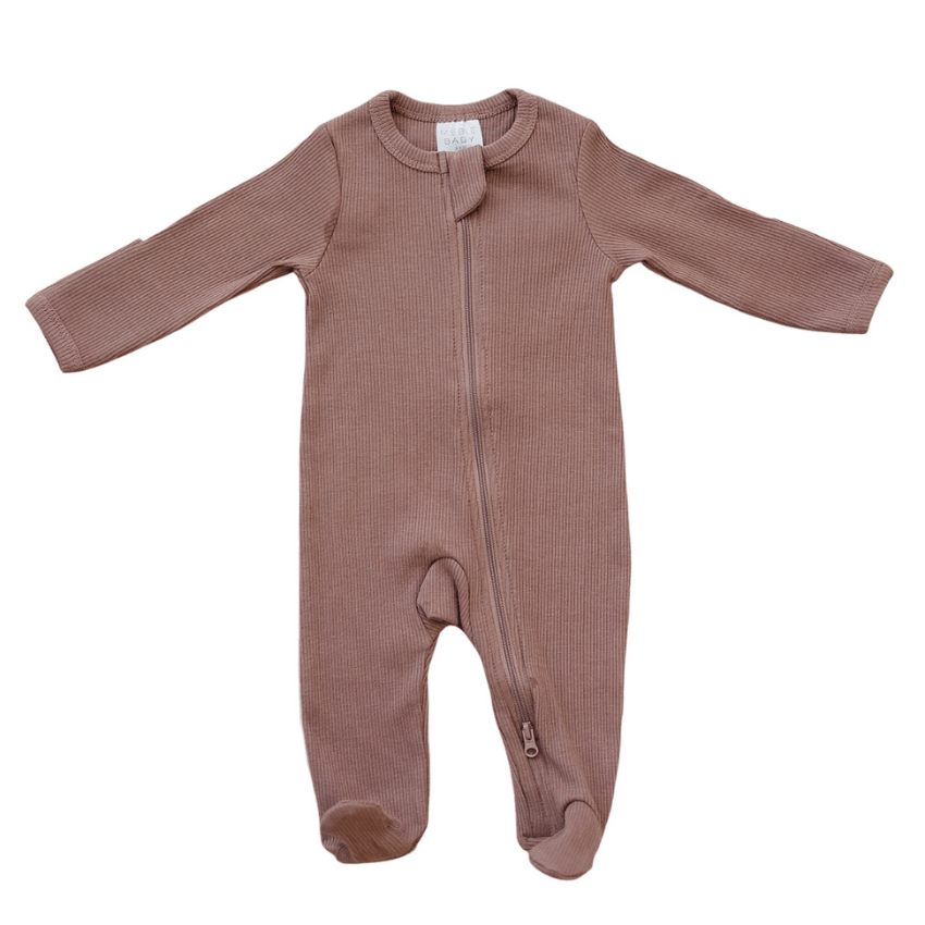 Mebie Baby Organic Cotton Ribbed Footed One-Piece Zipper, Plum