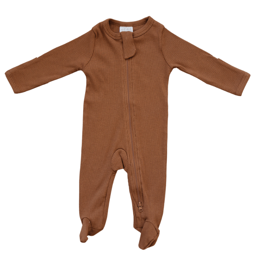 Mebie Baby Organic Cotton Ribbed Footed One-Piece Zipper, Rust