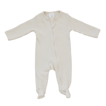 Mebie Baby Organic Cotton Ribbed Footed One-Piece Zipper, Vanilla