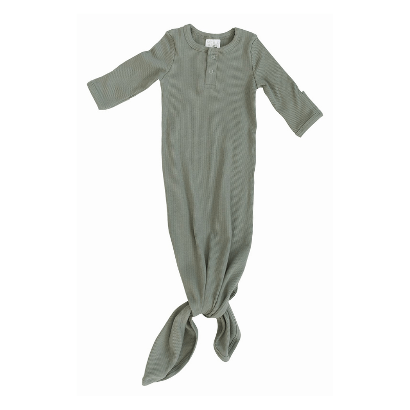 Organic Ribbed Cotton Knotted Baby Gown, Green