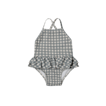 Ruffled One-Piece Swimsuit - Sea Green Gingham