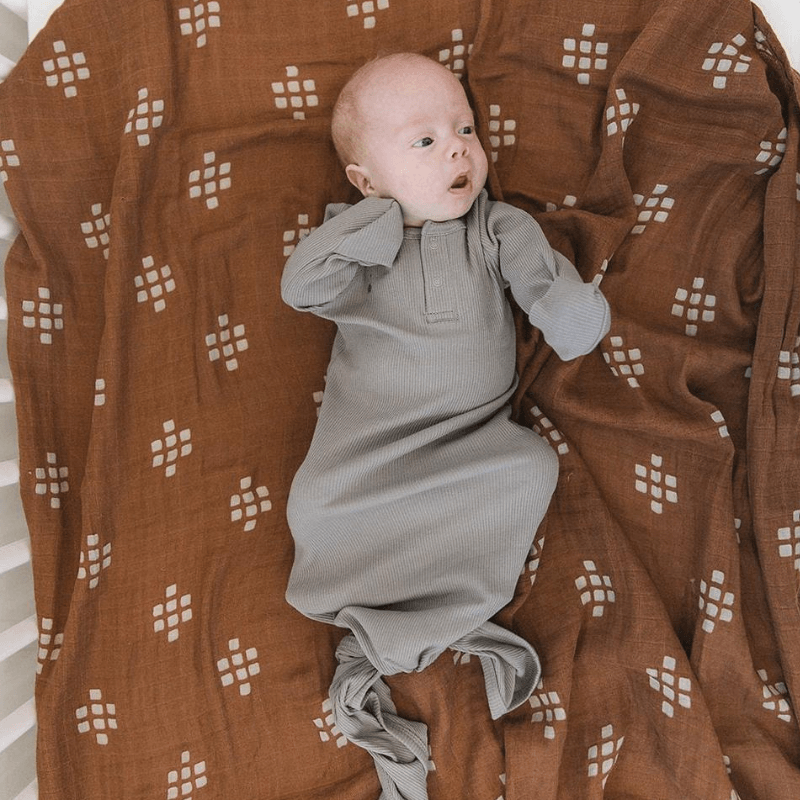Organic Ribbed Cotton Knotted Baby Gown, Grey
